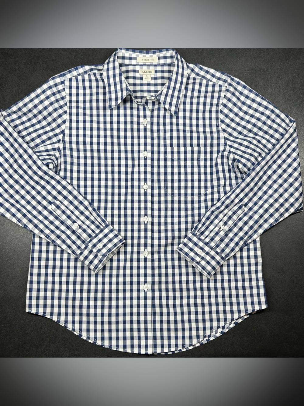 L.L.Bean Women's Size S Wrinkle-Free Blue & White Pinpoint Gingham Oxford Shirt